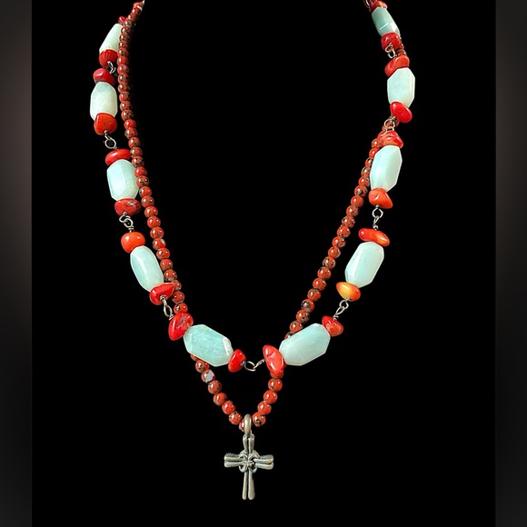 Vintage Aquamarine and Dyed Red Coral Beaded Gemstone Cross Necklace